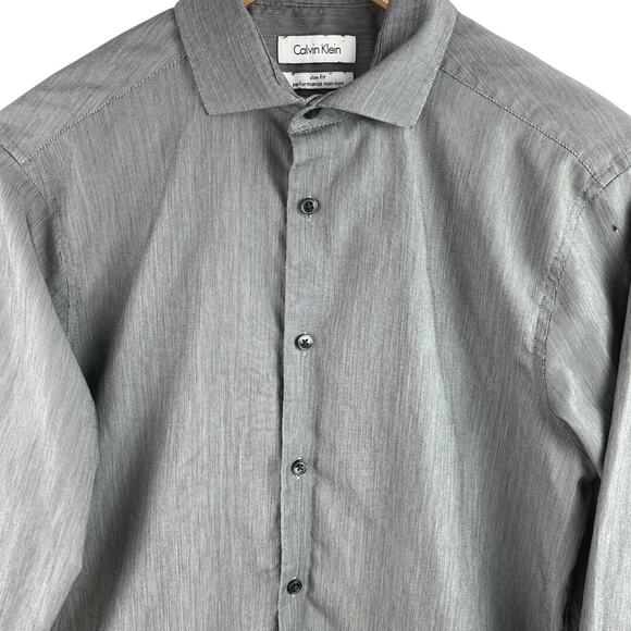 Calvin Klein Slim Fit Performance Non Iron Men Gray Button Down Dress Shirt 15.5 - Picture 3 of 5